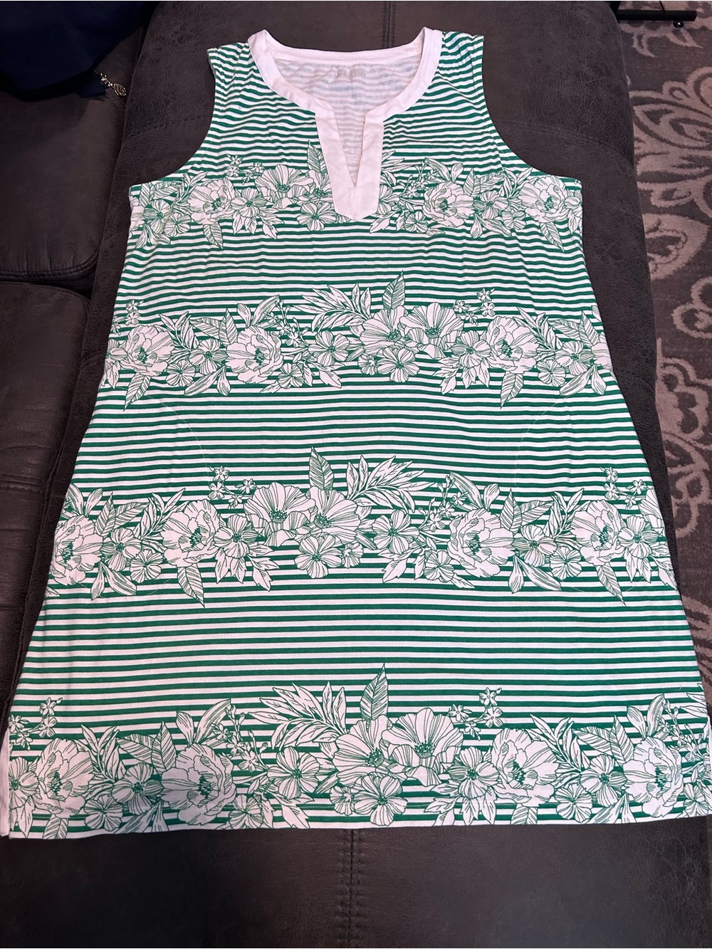 Lands' End Green and white floral Notch Neck Dress /swim suit cover up XL